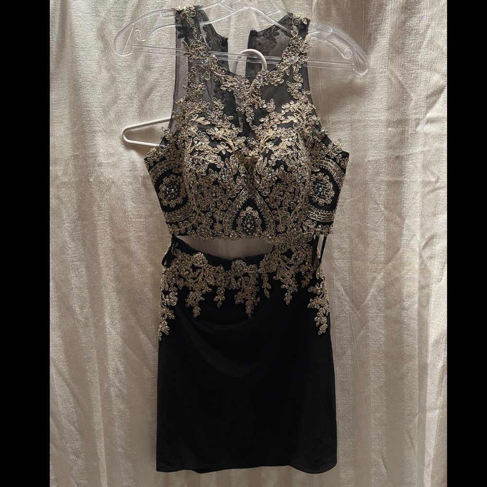 Black and gold two piece prom dress